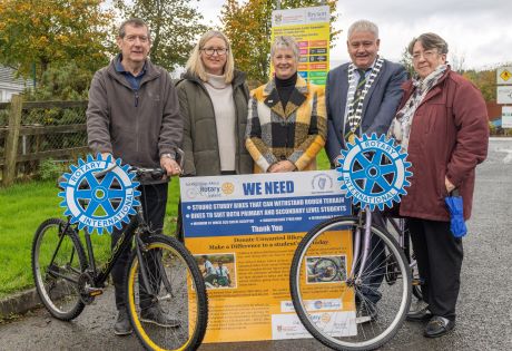 Cathaoirlach Cllr Martin Harley pictured with Connie Gallagher (Bryson Recycling), Fiona Kelly (Donegal County Council), Cynthia Furey and Doreen Sheridan Kennedy(Letterkenny Rotary) at the launch of the School Bikes for Africa.  (NW Newspix)